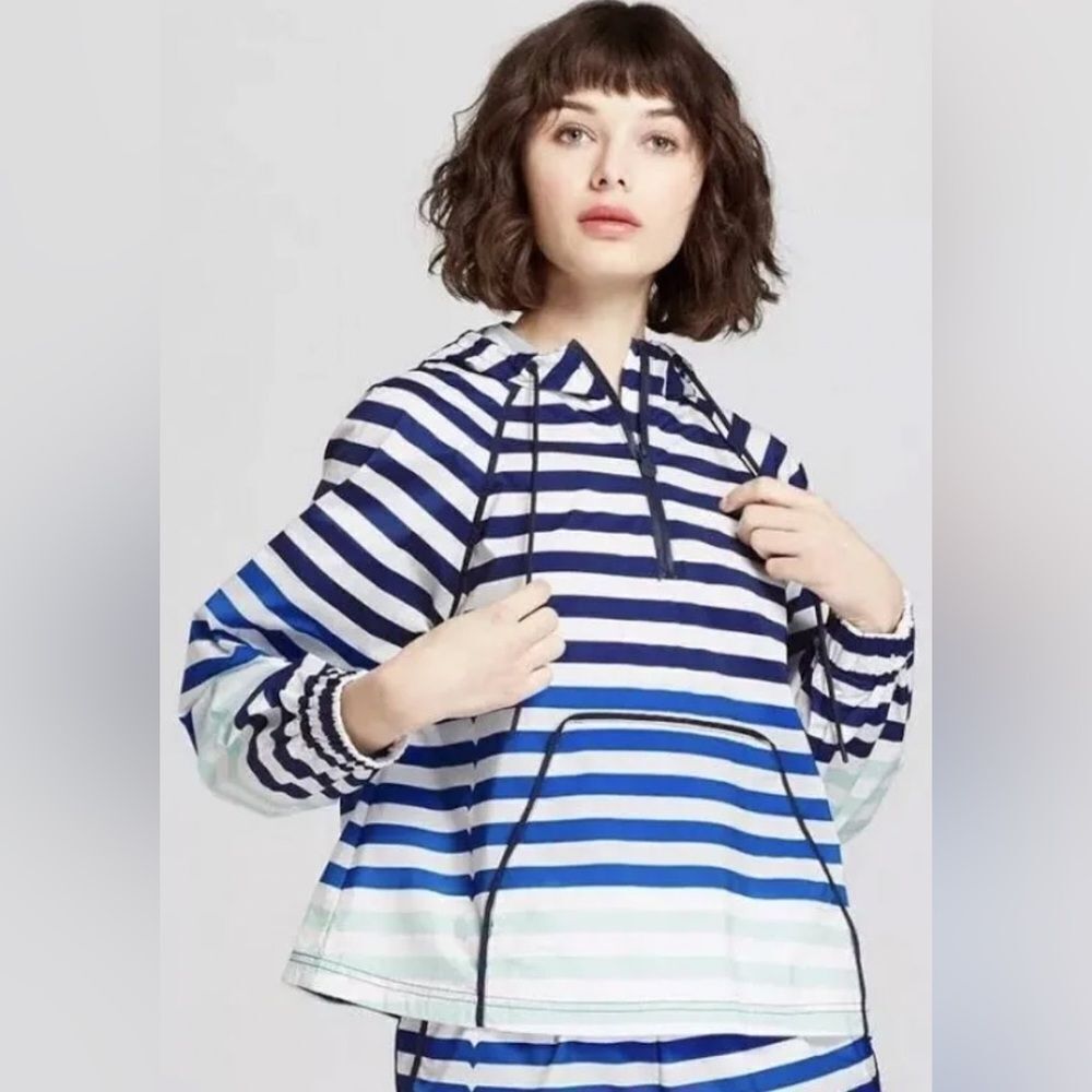 Hunter for Target Womens Striped Blue Half Zip Hooded Rain Jacket Pullover